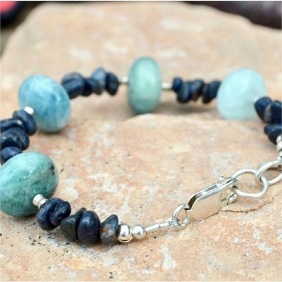 Genuine Sapphire & Aquamarine Silver Bracelet - Picture 3 of 5